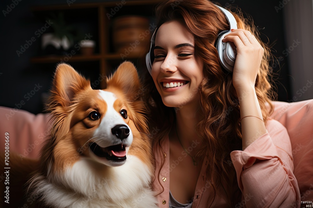 curly woman in wireless headphones playing with cute dog in modern apartment, happy moments curly woman in wireless headphones playing with cute dog in modern apartment, happy moments