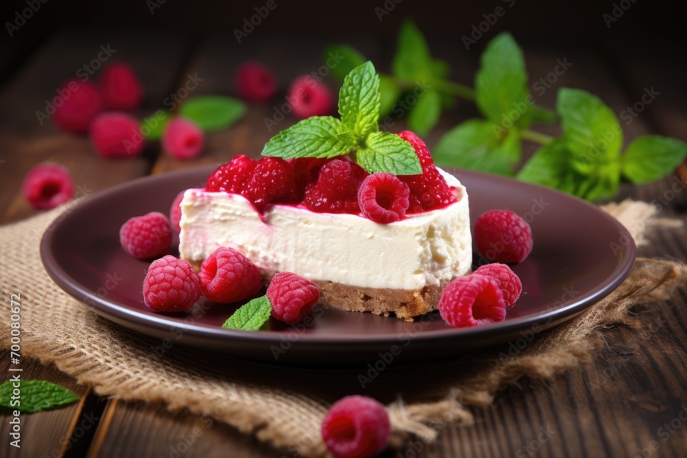 Raspberry cheesecake on wooden plate Raspberry cheesecake on wooden plate