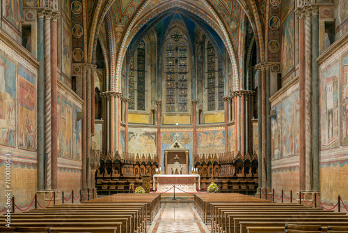 Basilica of St Francis in Assisi, Italy, interior, nave and apse of the upper basilica, frontal view with perspective on the altar and the wooden choir, 