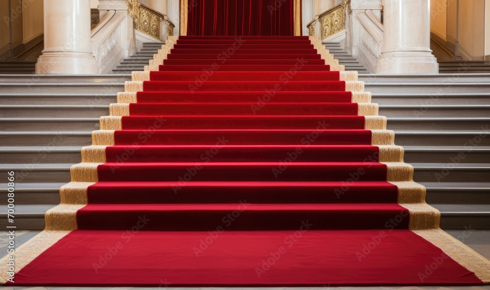 Fototapeta premium Red carpet on staircase for heads of state, VIPS, and celebrities at formal occasions.