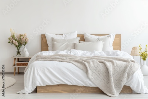 Real photo of a stylish white bedroom with a wooden framed bed many pillows blanket and sheets and a sideboard with flowers on top