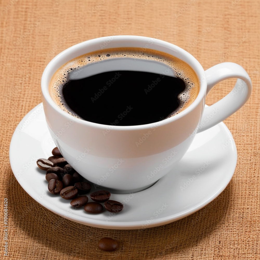 Cup of coffee with coffee beans on sackcloth background, close up Cup of coffee with coffee beans on sackcloth background, close up