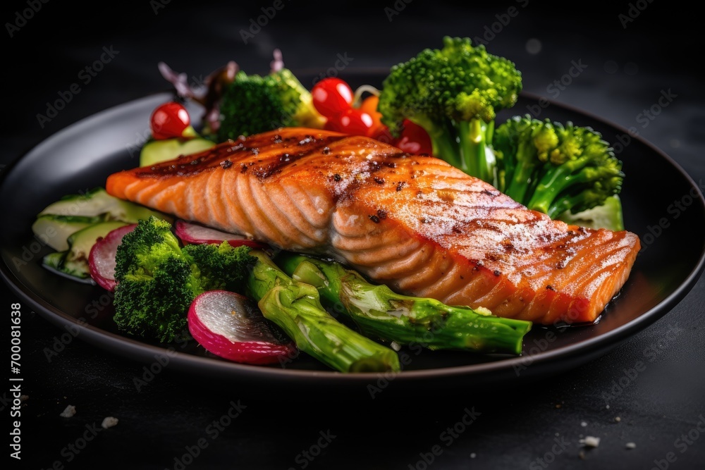 Grilled salmon fillet with vegetable salad including radish, tomato, green pepper, broccoli, and asparagus. Grilled salmon fillet with vegetable salad including radish, tomato, green pepper, broccoli, and asparagus.