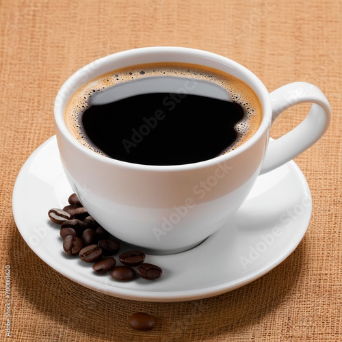 Cup of coffee with coffee beans on sackcloth background, close up