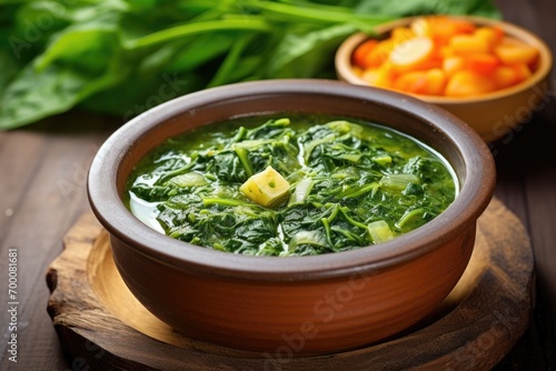 Indonesian spinach soup with carrots served in a white bowl on a wooden background. photo