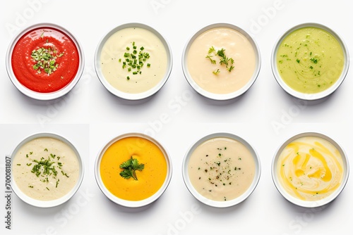 Fresh homemade soups displayed on a white backdrop.