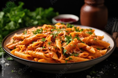 Side view of Penne Alla Vodka with Cheese Parsley made from leftover sauce