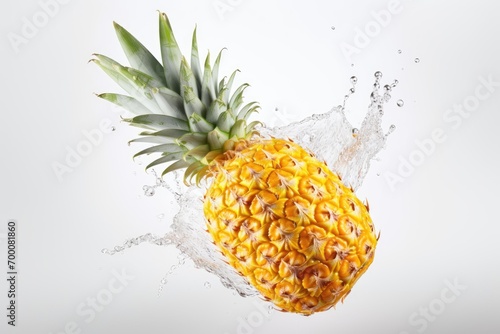 Single pineapple falling fresh and juicy in isolation on a white background