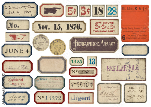 Set of vintage grungy paper labels and tickets with numbers and stamps for Scrapbooking and Junk Journals
