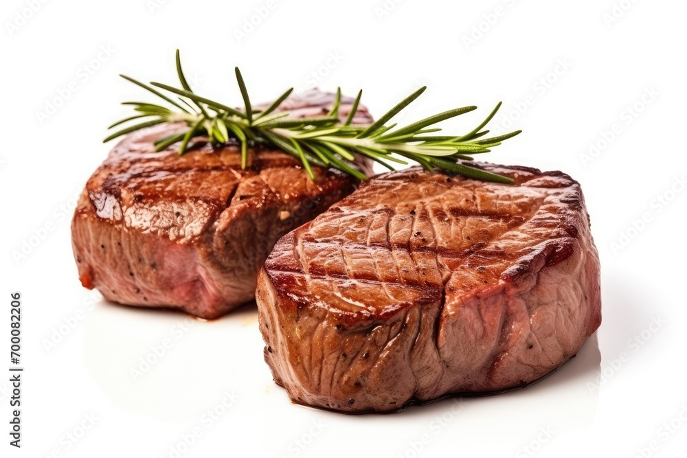 Two grilled beef fillet steaks with rosemary on white background, selective focus. Two grilled beef fillet steaks with rosemary on white background, selective focus.