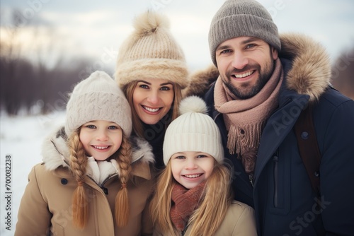 Cheerful Family Engaging in Winter Activities outdoors with Space for Text