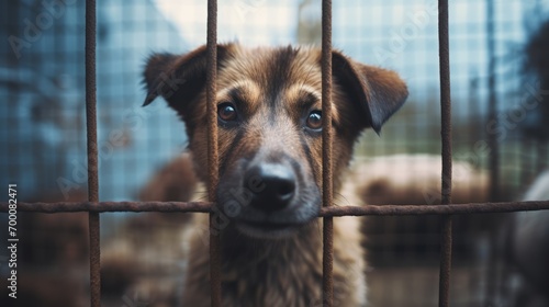Homeless dog in animal shelter cage, abandoned and longing for a loving home photo