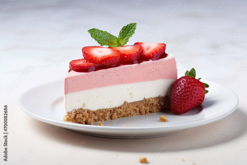 Strawberry cheesecake slice on white selective focus square image Strawberry cheesecake slice on white selective focus square image
