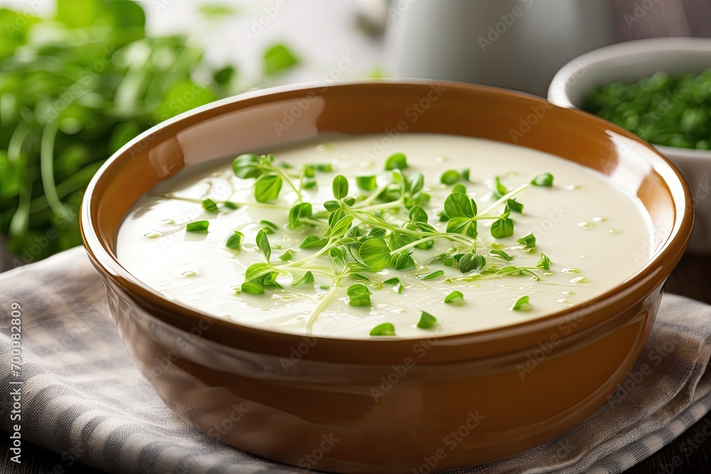 Close-up of fresh green pea shoot summer cream soup. Close-up of fresh green pea shoot summer cream soup.