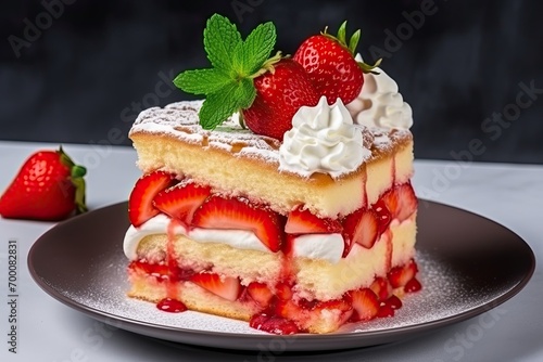 Swedish cuisine s strawberry recipes include sponge cake with custard strawberries and cream on concrete background
