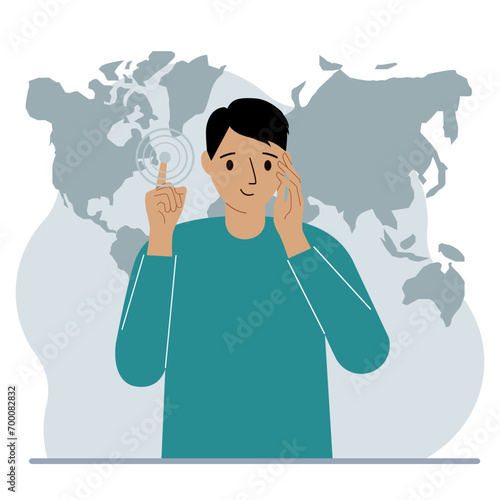 A man presses his finger on a virtual map of the world. Future, cyber.