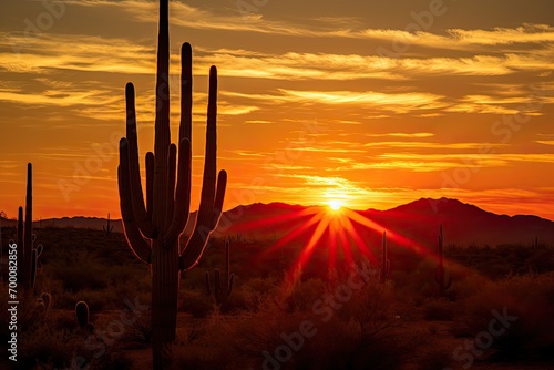 Silhouetted saguaro cactus against ocotillo-lit sunset. photo