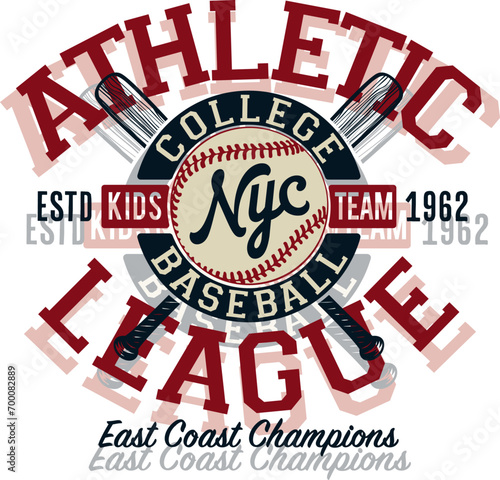 Athletic department college baseball league vintage vector print for kids wear t shirt 
