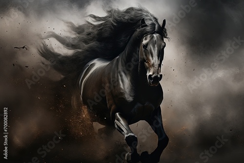 Black horse running through dusty clouds of darkness