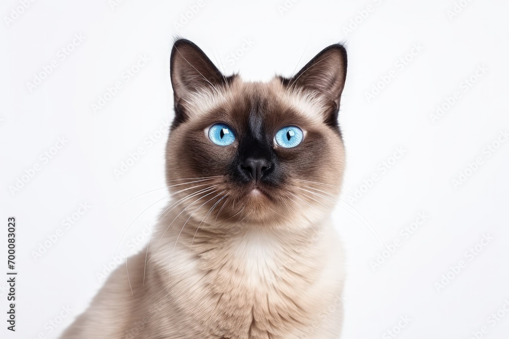 Charming Thai cat with blue eyes posing isolated on white background Signifies animal life pets love comfort and care Copy space for ad