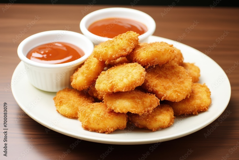 Chicken nuggets stacked on plate with sauce Chicken nuggets stacked on plate with sauce
