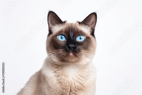Charming Thai cat with blue eyes posing isolated on white background Signifies animal life pets love comfort and care Copy space for ad © LimeSky