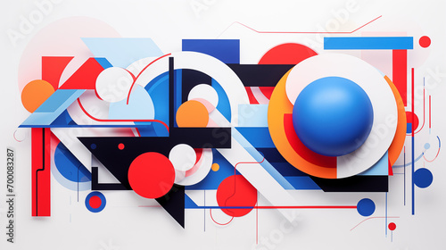 Geometric Harmony  3D Abstract Shapes  Blue and Red Color Scheme  Artistic Composition. graphic design and typography 