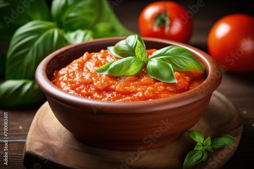 Closeup of a wooden bowl with fresh red tomato sauce and basil photo