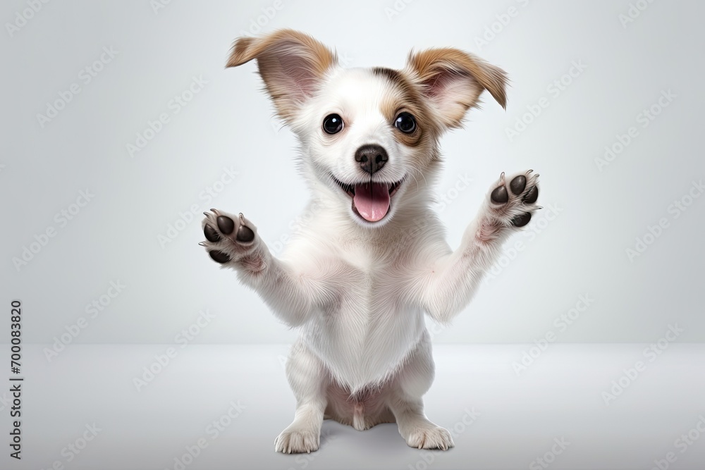 Cute dog holding and posing for a product ad