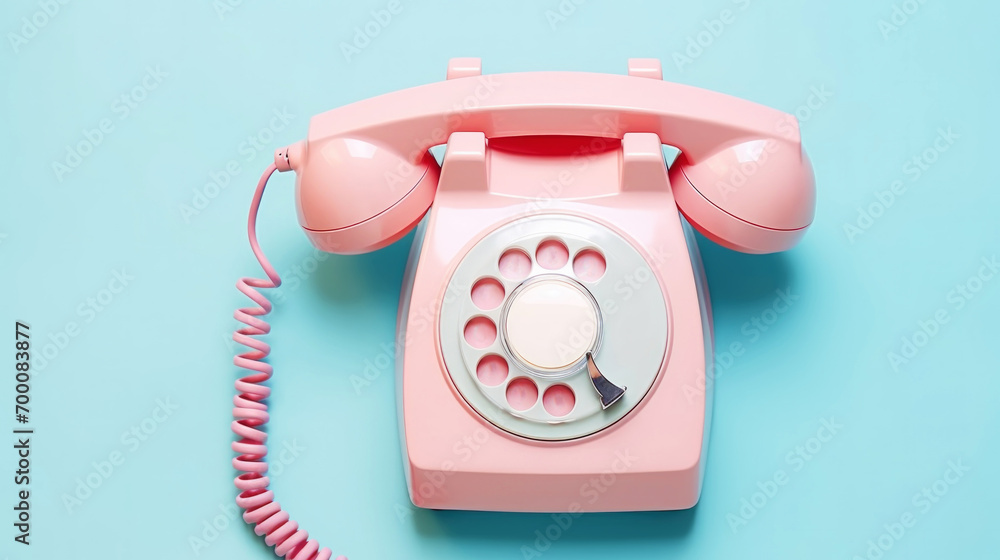 Vintage classic rotary dial pink phone. Pastel colour palette. Retro concept. Generative AI - obrazy, fototapety, plakaty 