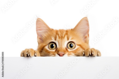 Curious cat peeking from behind white background
