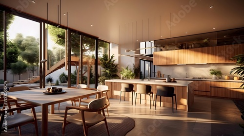 Panoramic view of modern kitchen and dining room with wooden walls
