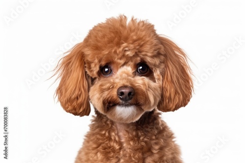 Curly red brown poodle dog looks happy and well groomed in a studio