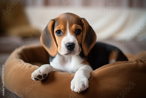 Cute Beagle pup cozy in bed at home