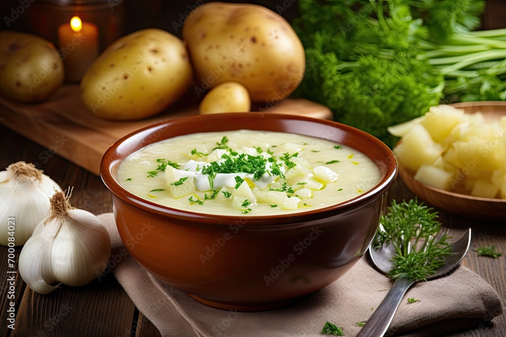 Delicious potato soup with leek on table