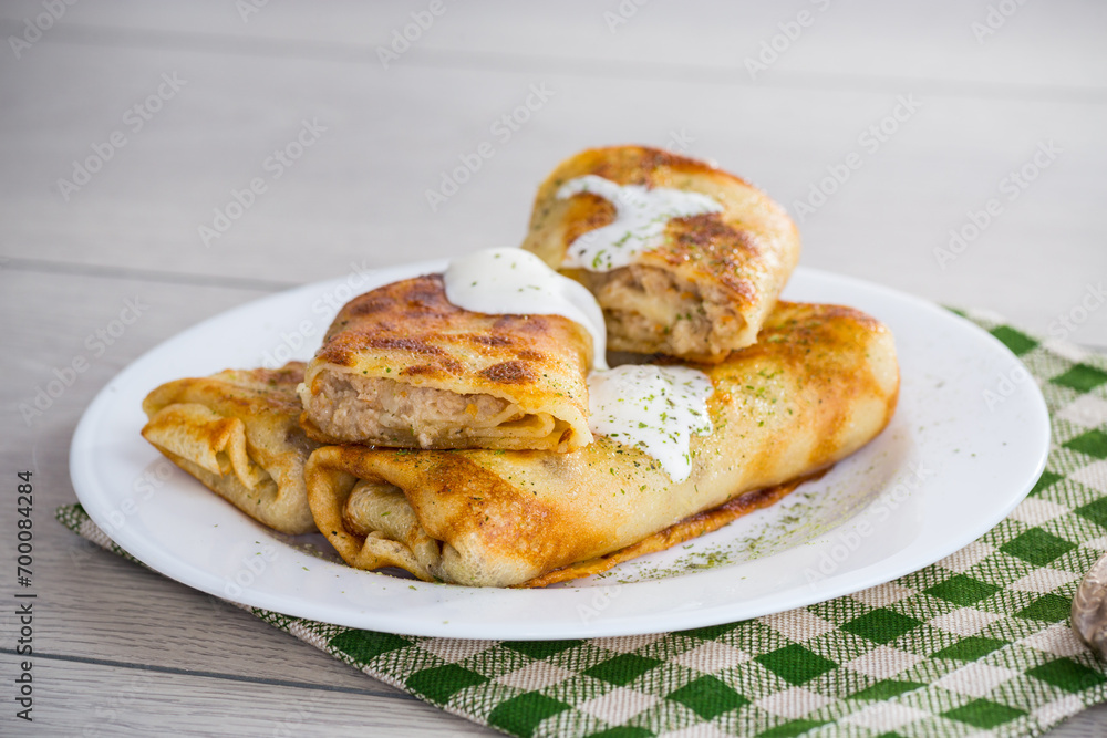 Thin fried pancakes with meat filling in a plate with sour cream and spices. Thin fried pancakes with meat filling in a plate with sour cream and spices.