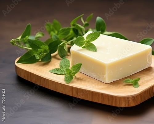 Eco friendly solid shampoo bar on wooden dish with green leaves Zero waste and space for text