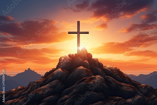 Easter symbol Cross against sunset mountain photo