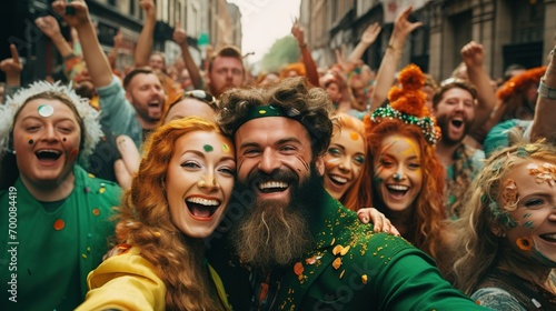 A group of friends are doing soelfing in the streets during St. Patrick's Day. Ai generative