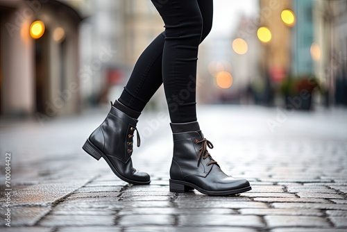 Fashionable female legs with stylish boots on a gray city street