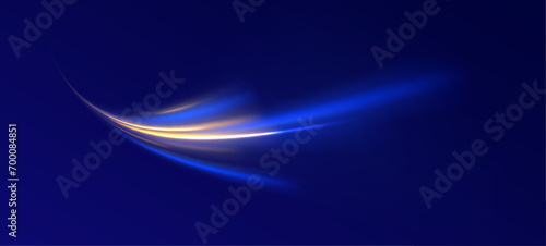 Vector dark blue abstract background with ultraviolet neon glow, blurry light lines, waves. High speed effect motion blur night lights blue and red. Magic shining neon light line trails. 