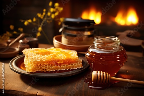 Fresh honeycomb and honey in a jar. Ai generative photo
