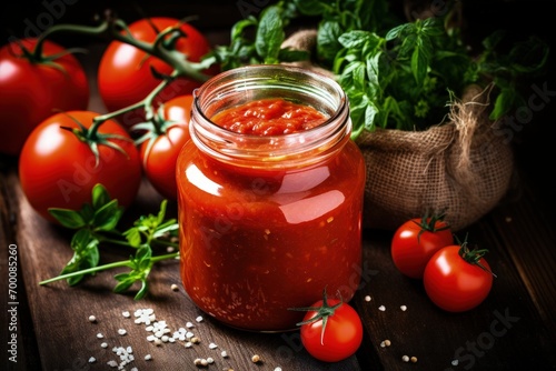 Glass jar with homemade tomato sauce tomatoes and herbs beside it