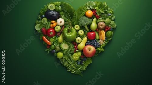 Fruits and vegetables form a heart shape. Healthy food concept. Ai generative