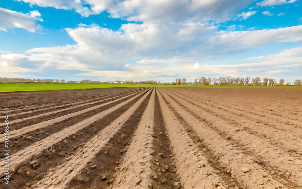 Furrows row pattern in a plowed field prepared for planting crops in spring Furrows row pattern in a plowed field prepared for planting crops in spring