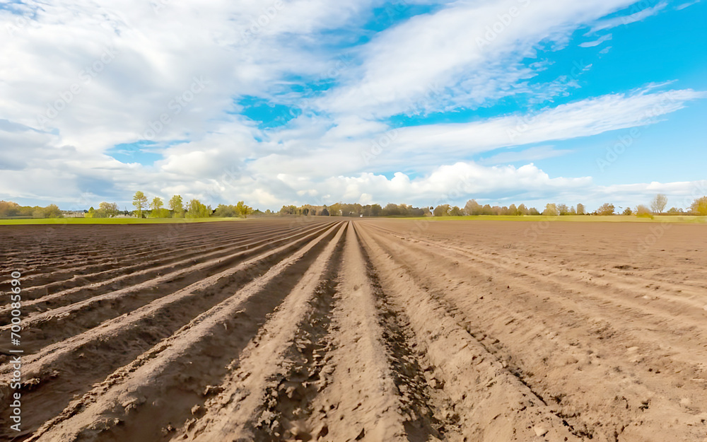 Furrows row pattern in a plowed field prepared for planting crops in spring