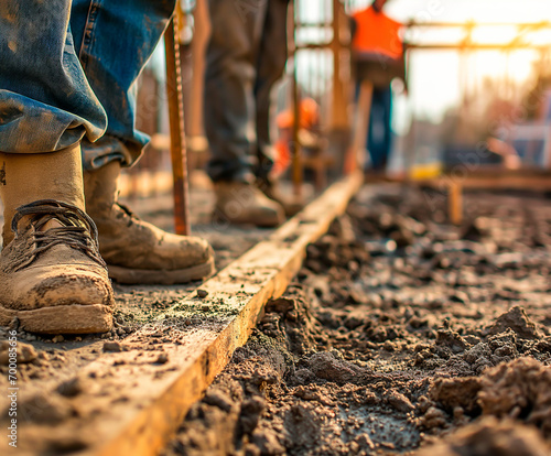 Close-up of work boots on construction site, workers in background.
 photo