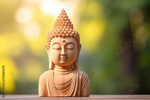 Hand carved sandstone Buddha statue crafted by devoted artisan symbolizing strong faith in Buddhism with gentle backlit ambiance photo