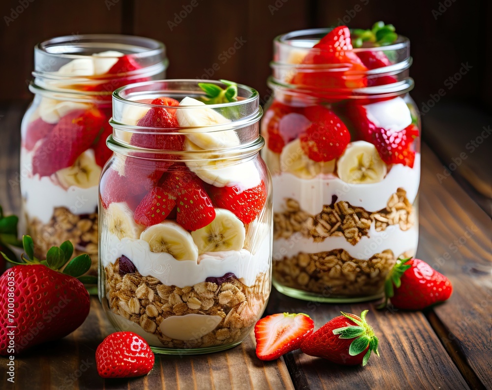 Healthy fruit parfaits in mason jars with a rustic wood backdrop Healthy fruit parfaits in mason jars with a rustic wood backdrop