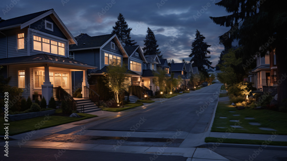 A residential area at dusk